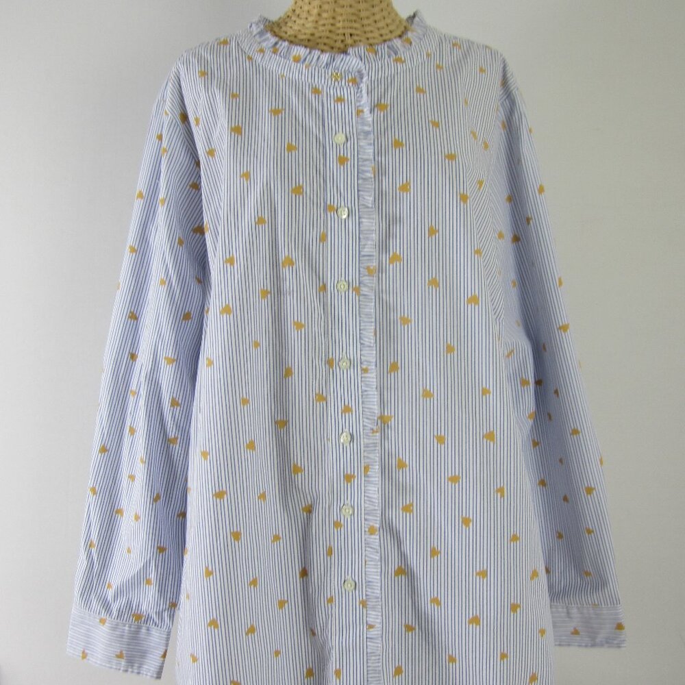New Talbots Womens Plus 2X Blue White Striped Hearts Cotton Ruffle Shirt $99